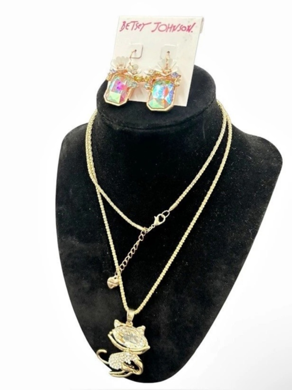 Betsey Johnson Cat Pendant Necklace & Earrings Gold & Multicolor new